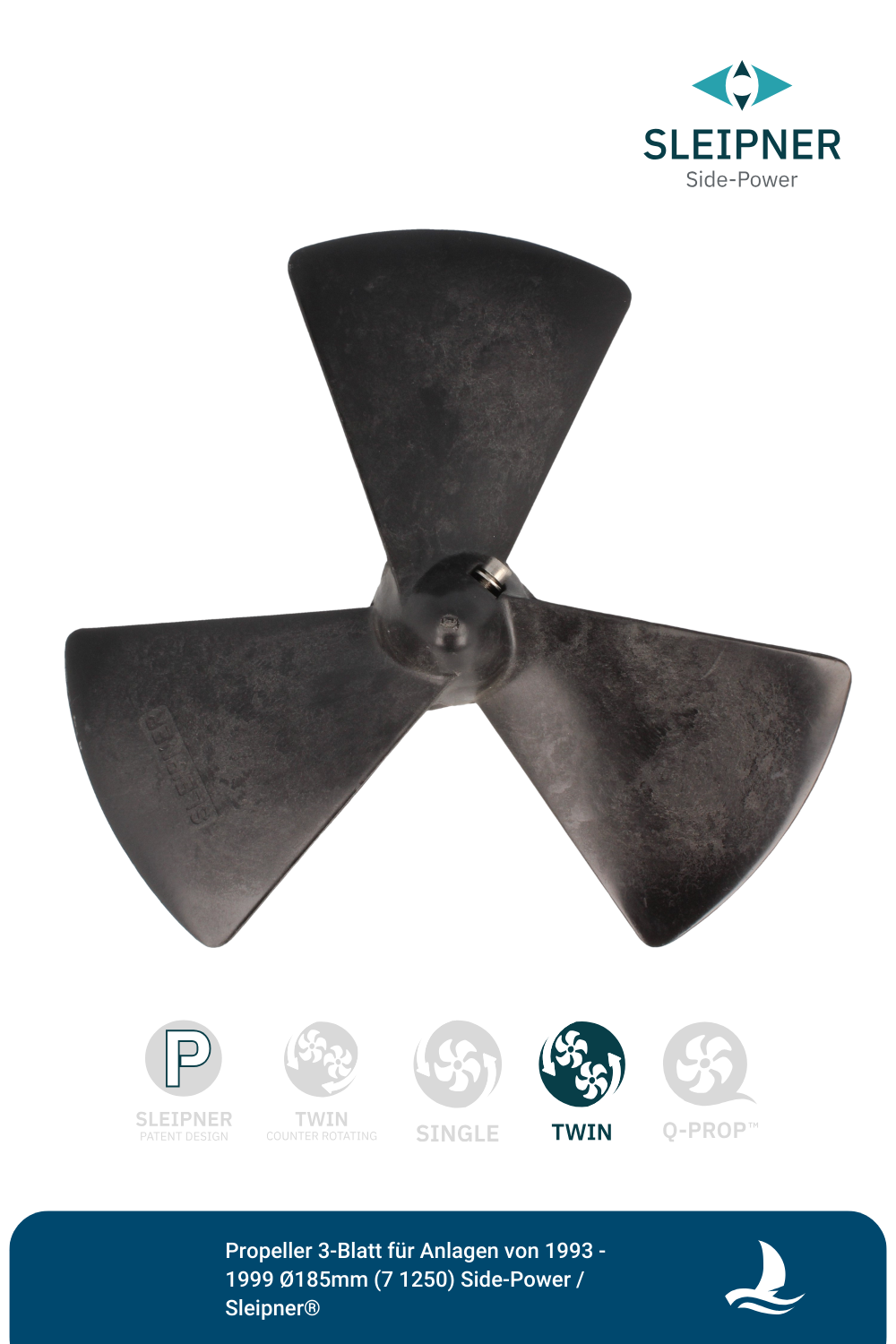 Propeller 3-Blatt für Anlagen von 1993 - 1999 Ø185mm 14mm Welle (7 1250) Side-Power / Sleipner®