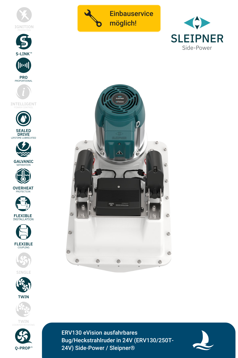 Sleipner® ERV130 eVision ausfahrbares Bug/Heckstrahlruder in 24V (ERV130/250T-24V)