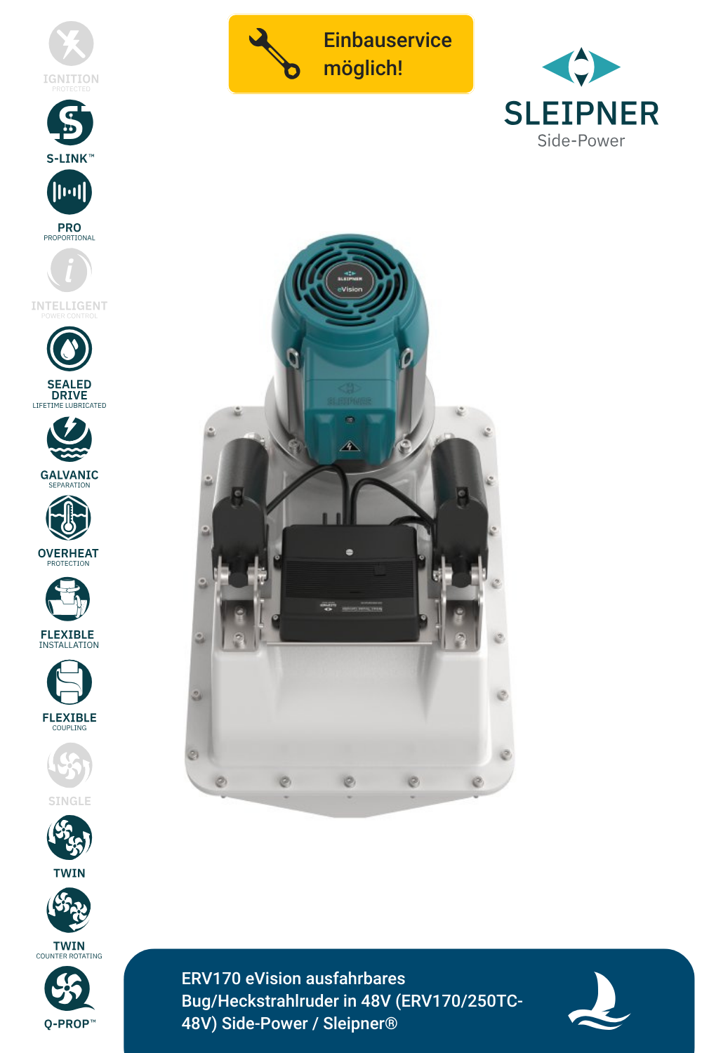 ERV170 eVision ausfahrbares Bug/Heckstrahlruder in 48V (ERV170/250TC-48V) Side-Power / Sleipner®