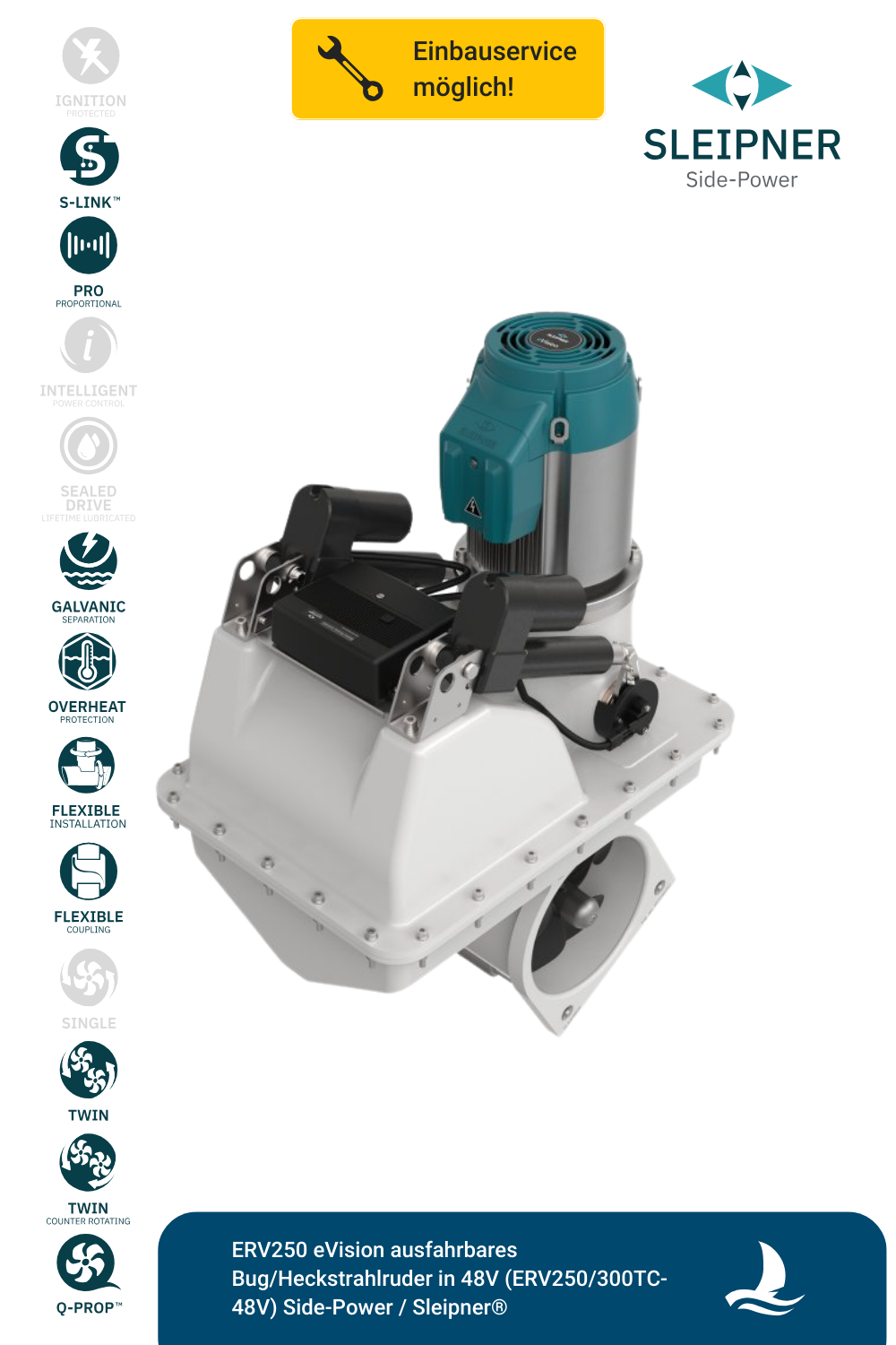 Sleipner® ERV250 eVision ausfahrbares Bug/Heckstrahlruder in 48V (ERV250/300TC-48V)