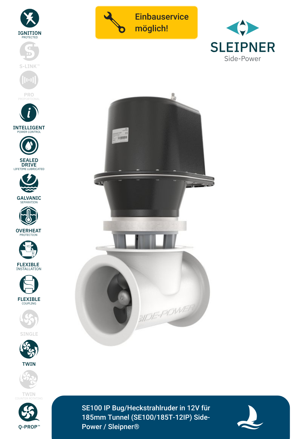 Sleipner® SE100 *zündgeschütztes* Bug/Heckstrahlruder 12V für Ø185mm Tunnel (SE100/185T-12IP)
