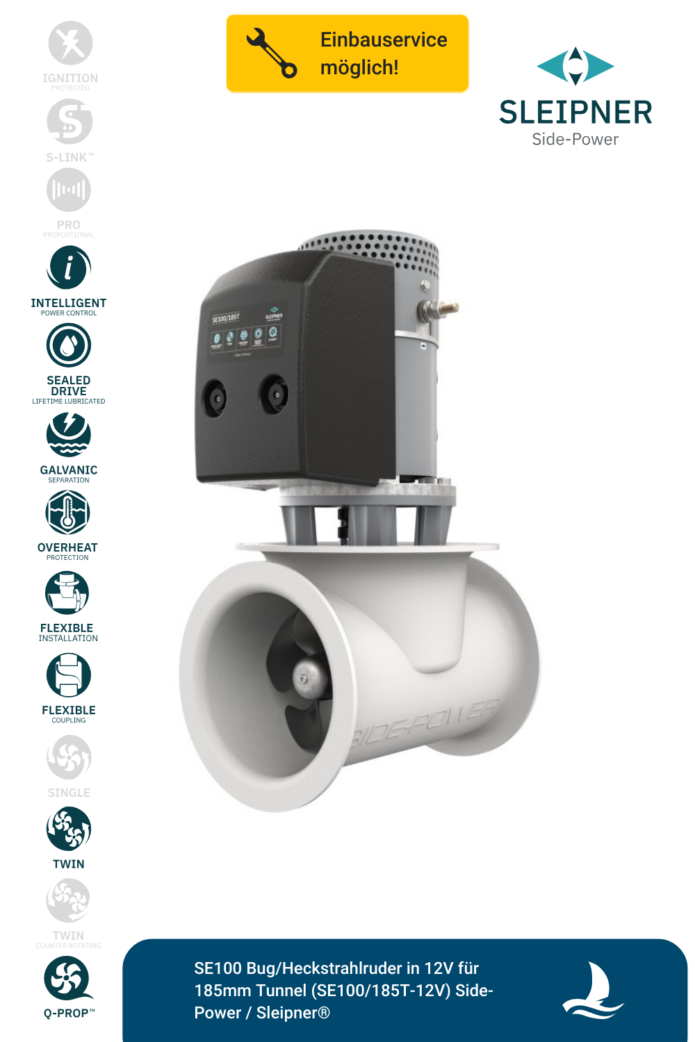 Sleipner® SE100 Bug/Heckstrahlruder 12V für Ø185mm Tunnel (SE100/185T-12V)
