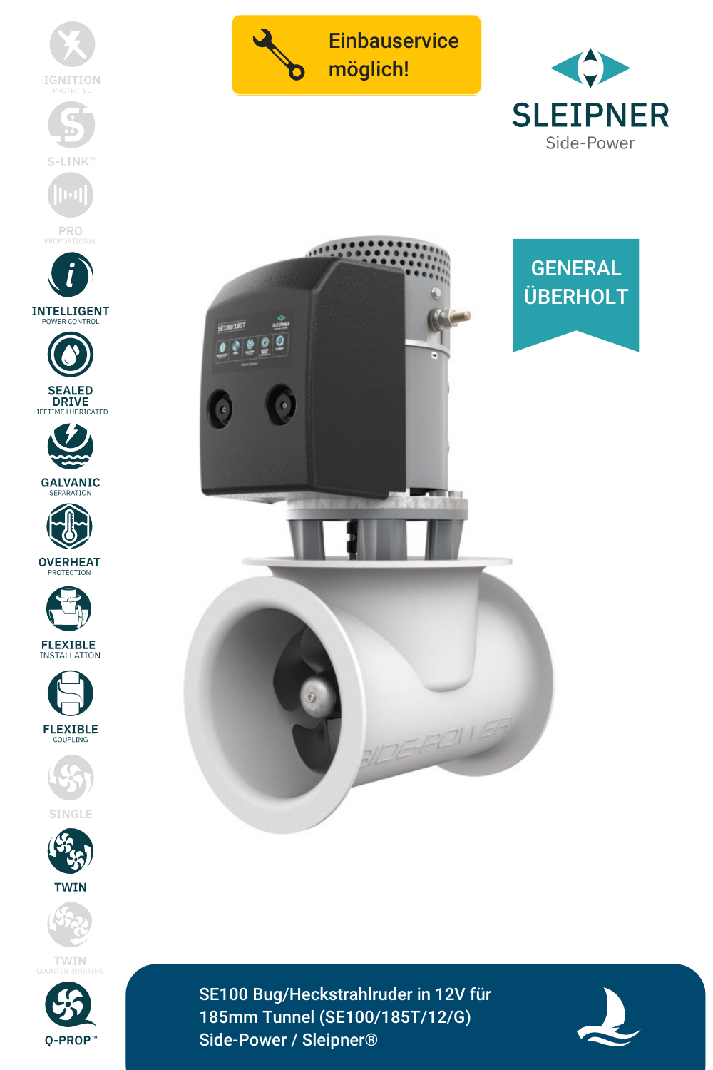 Sleipner® SE100 Bug/Heckstrahlruder 12V für Ø185mm Tunnel (SE100/185T/12/G) *generalüberholt*
