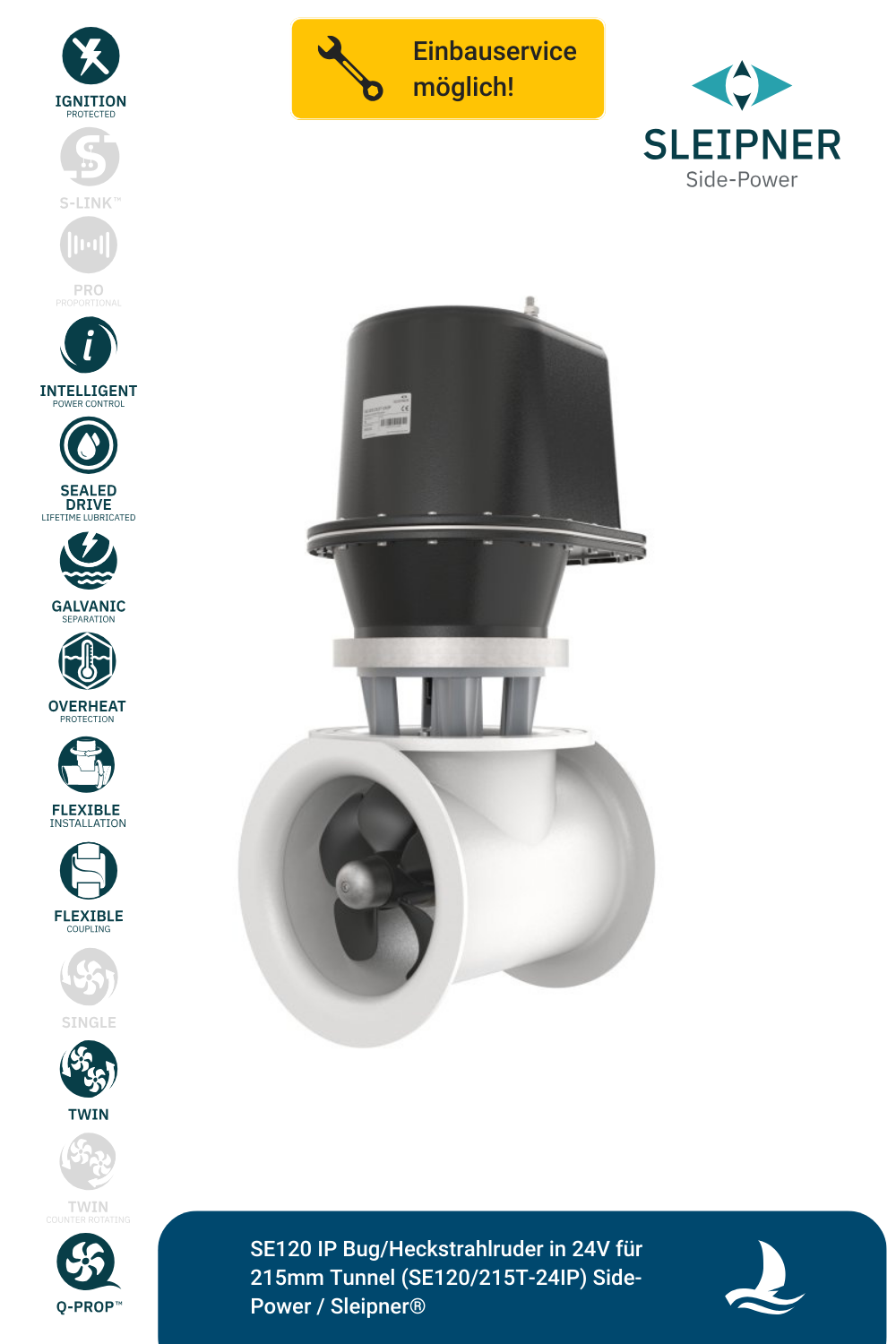SE120 IP Bug/Heckstrahlruder in 24V für 215mm Tunnel (SE120/215T-24IP) Side-Power / Sleipner®