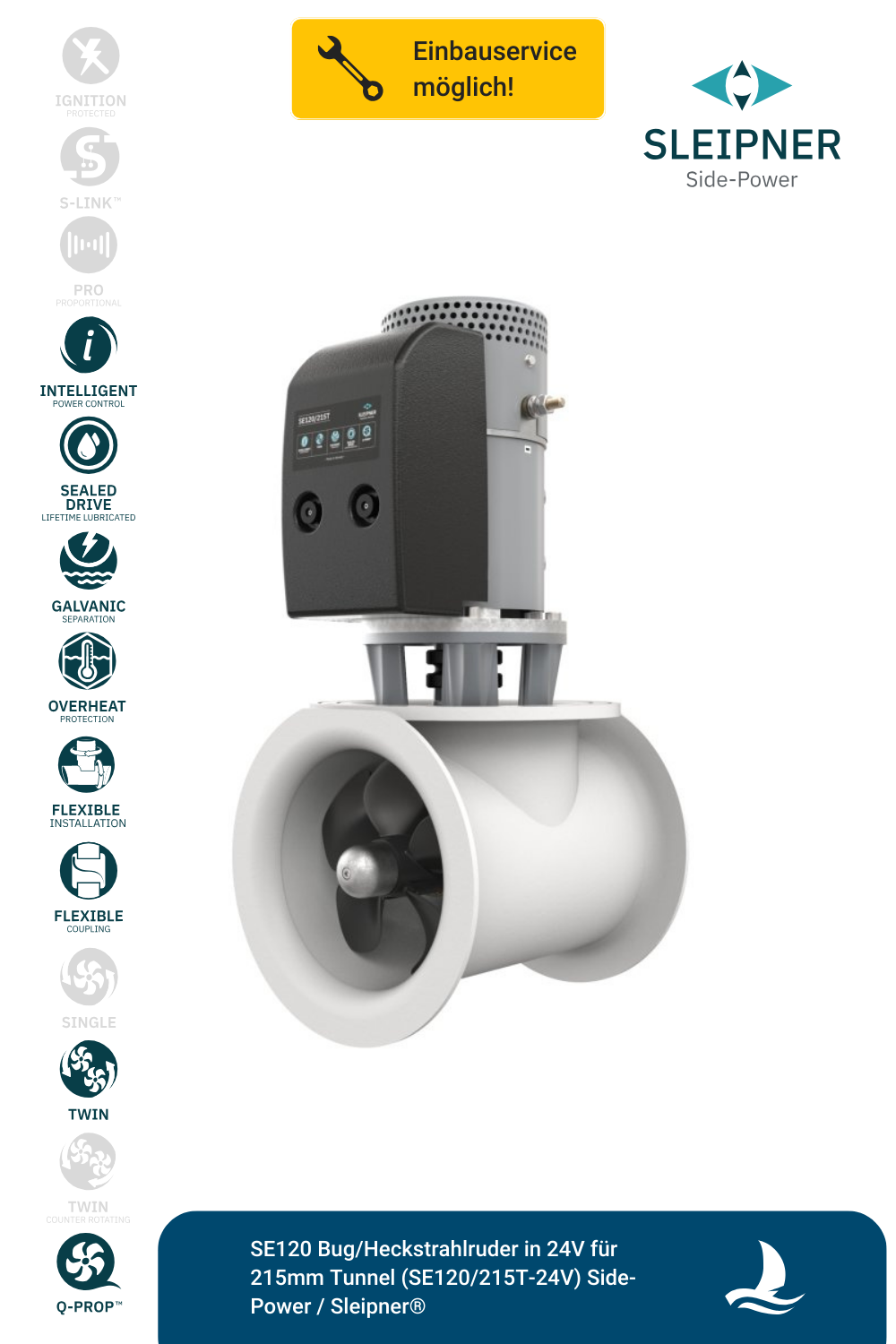 SE120 Bug/Heckstrahlruder in 24V für 215mm Tunnel (SE120/215T-24V) Side-Power / Sleipner®