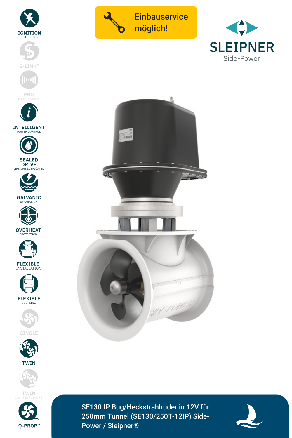 SE130 IP Bug/Heckstrahlruder in 12V für 250mm Tunnel (SE130/250T-12IP) Side-Power / Sleipner®