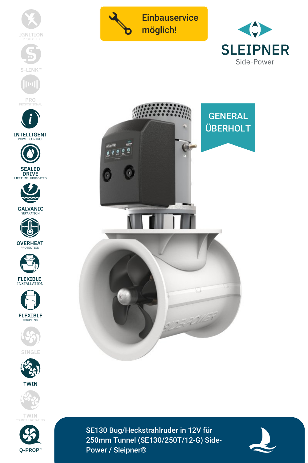 Sleipner® SE130 Bug/Heckstrahlruder 12V für Ø250mm Tunnel (SE130/250T-12V) *generalüberholt*