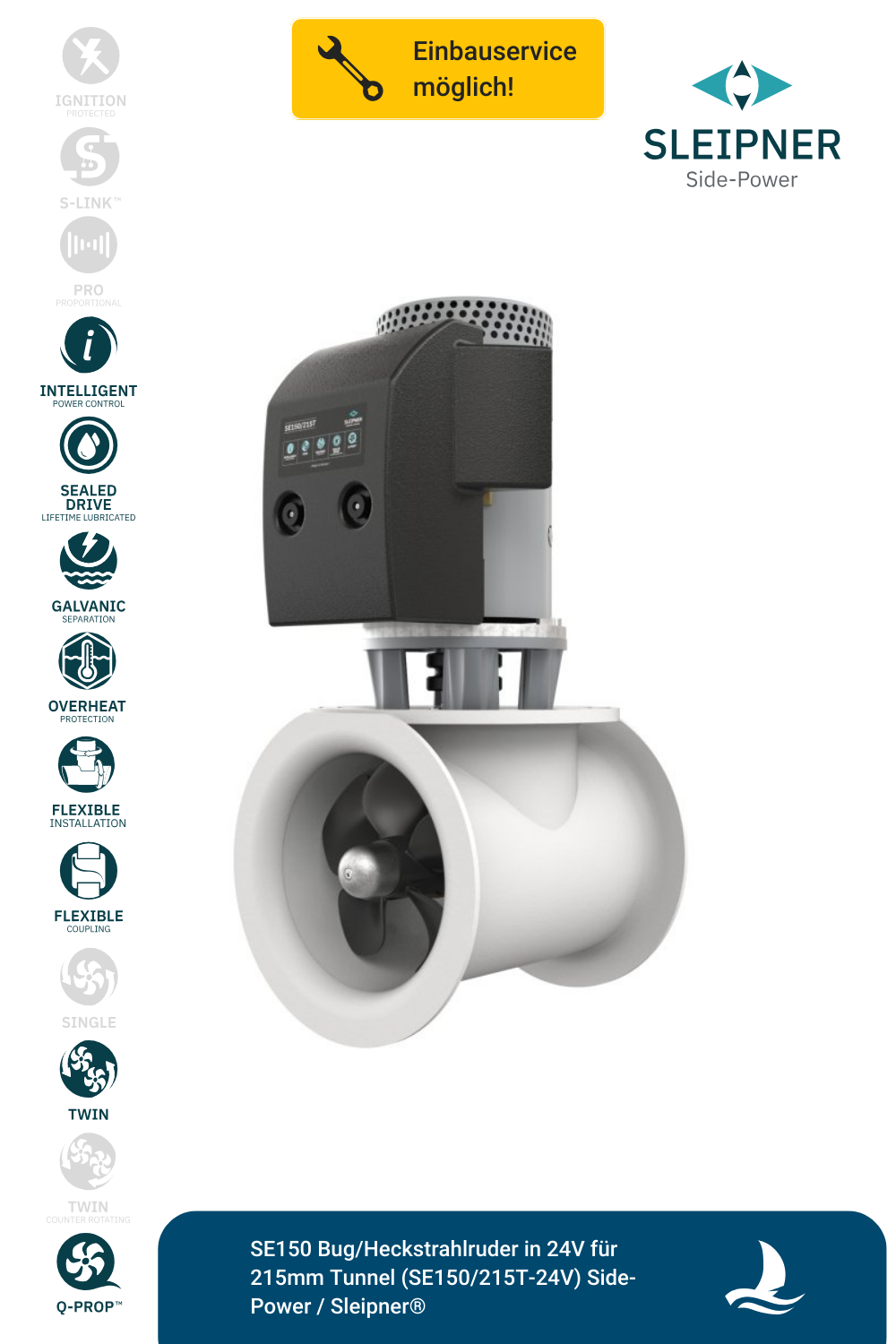 SE150 Bug/Heckstrahlruder in 24V für 215mm Tunnel (SE150/215T-24V) Side-Power / Sleipner®