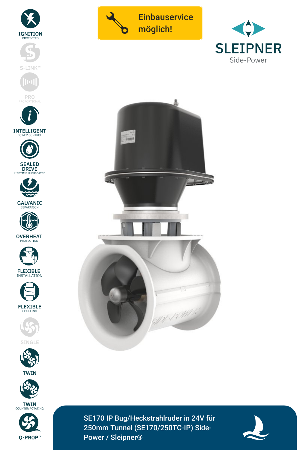 SE170 IP Bug/Heckstrahlruder in 24V für 250mm Tunnel (SE170/250TC-IP) Side-Power / Sleipner®
