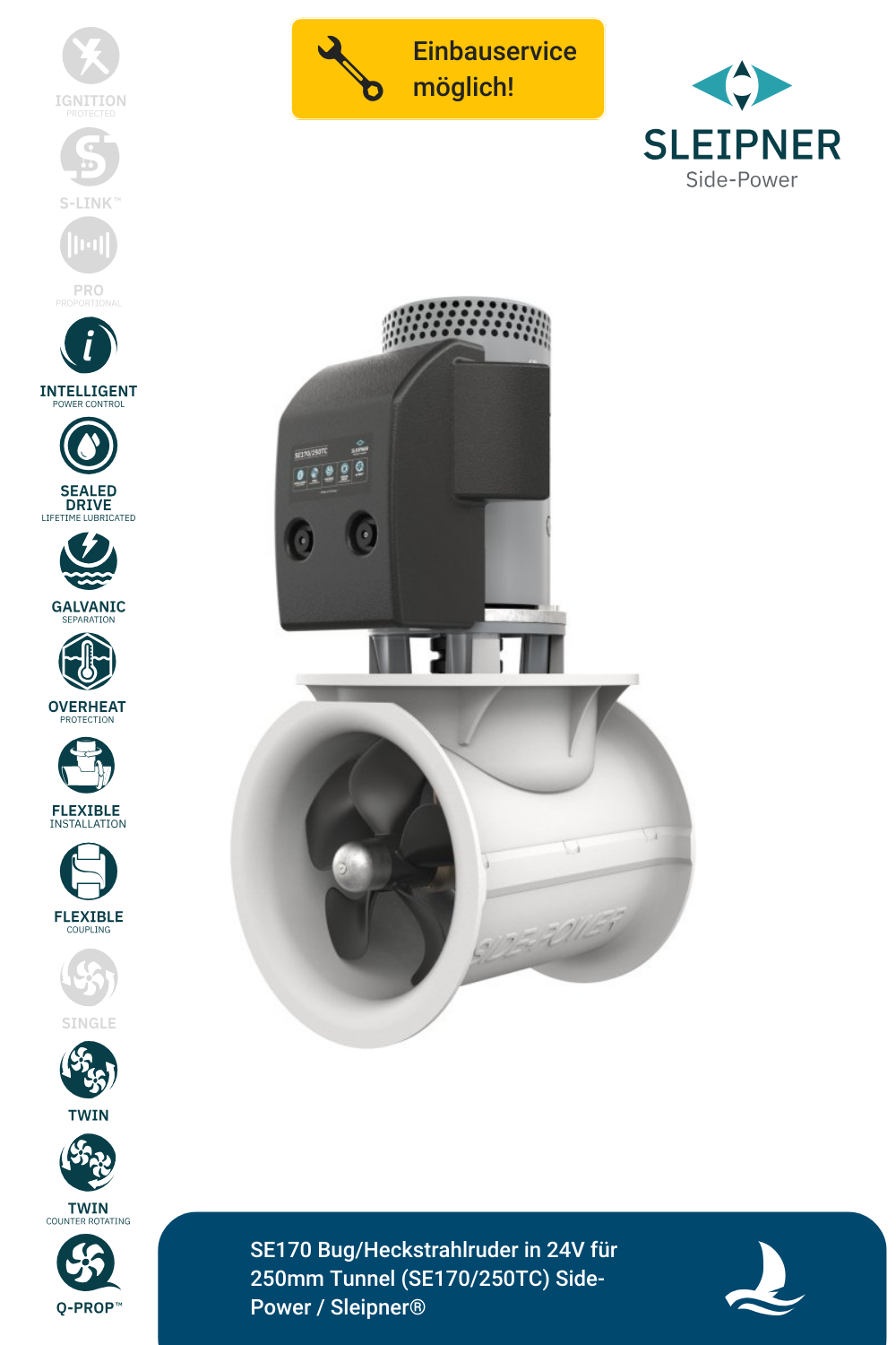 SE170 Bug/Heckstrahlruder in 24V für 250mm Tunnel (SE170/250TC) Side-Power / Sleipner®