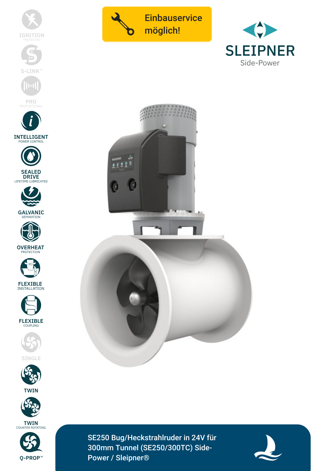 Sleipner® SE250 Bug/Heckstrahlruder in 24V für Ø300mm Tunnel (SE250/300TCi)