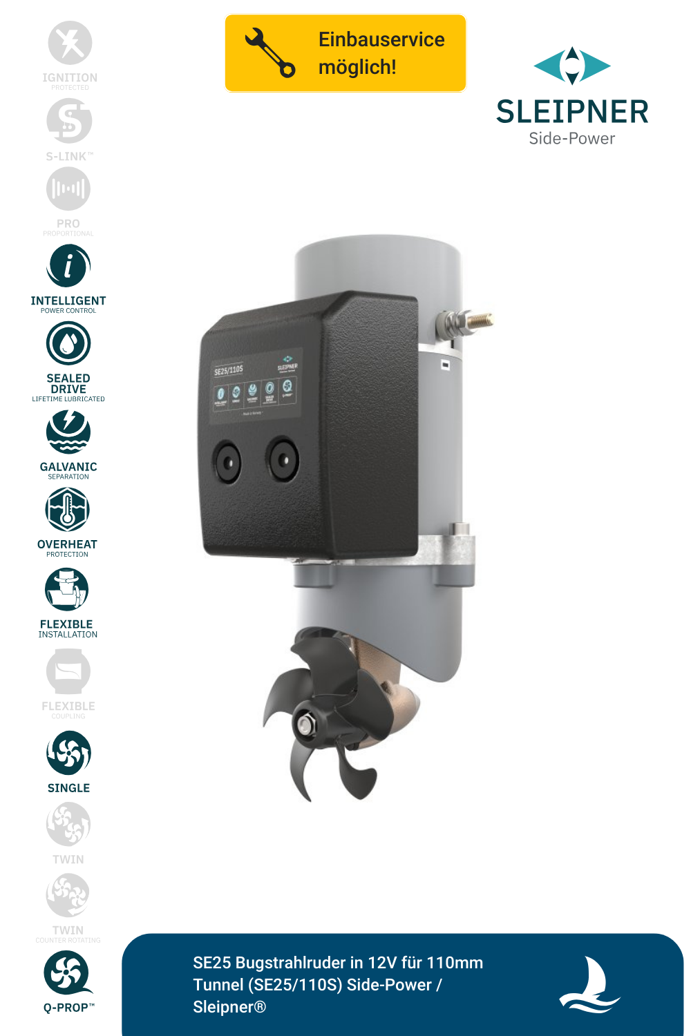 SE25 Bugstrahlruder in 12V für 110mm Tunnel (SE25/110S) Side-Power / Sleipner®