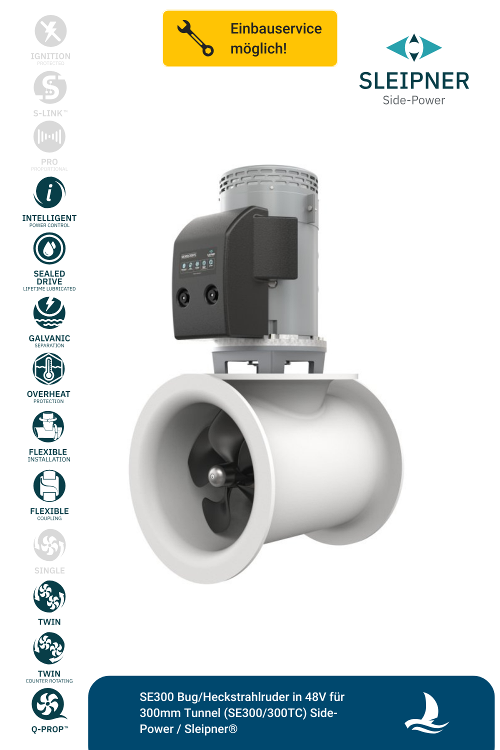 SE300 Bug/Heckstrahlruder in 48V für Ø300mm Tunnel (SE300/300TC) Side-Power / Sleipner®