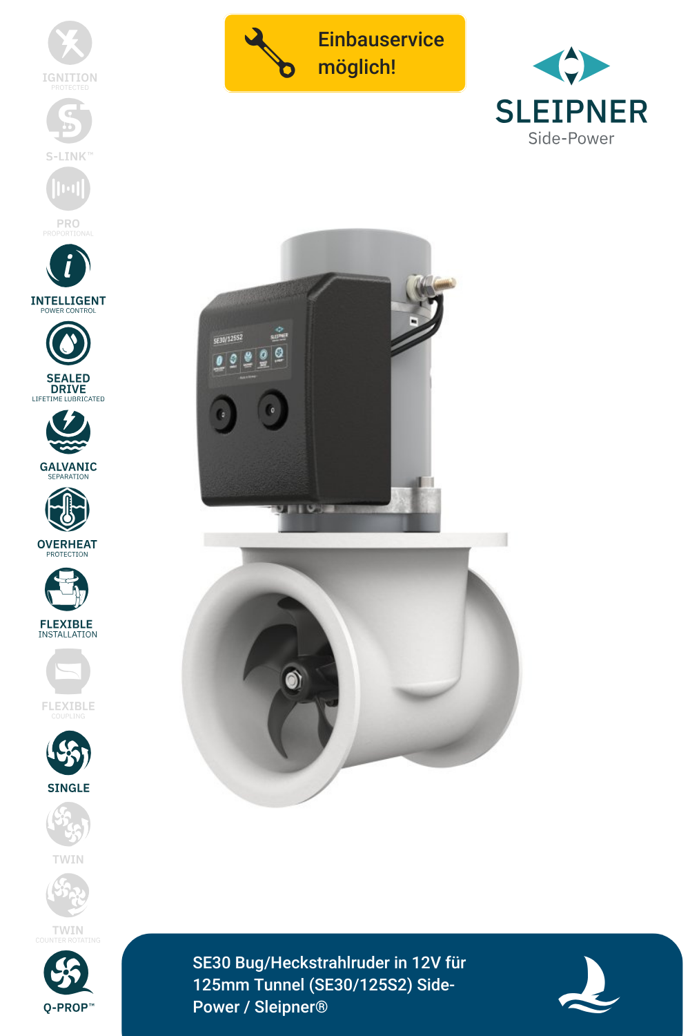 SE30 Bug/Heckstrahlruder in 12V für 125mm Tunnel (SE30/125S2) Side-Power / Sleipner®