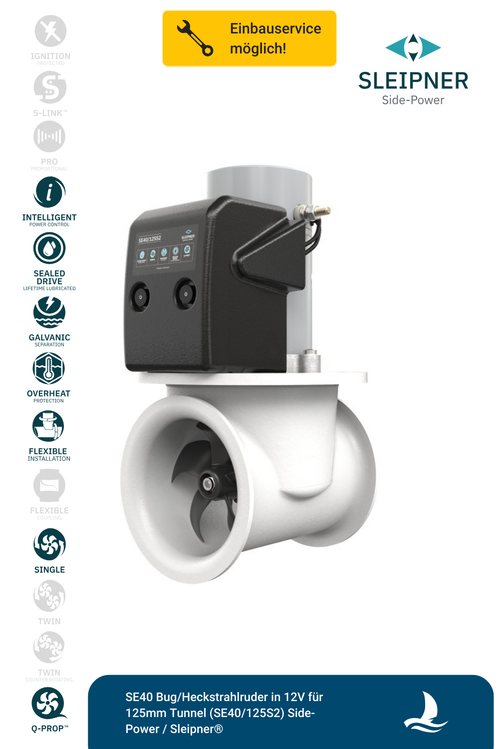 SE40 Bug/Heckstrahlruder in 12V für 125mm Tunnel (SE40/125S2) Side-Power / Sleipner®