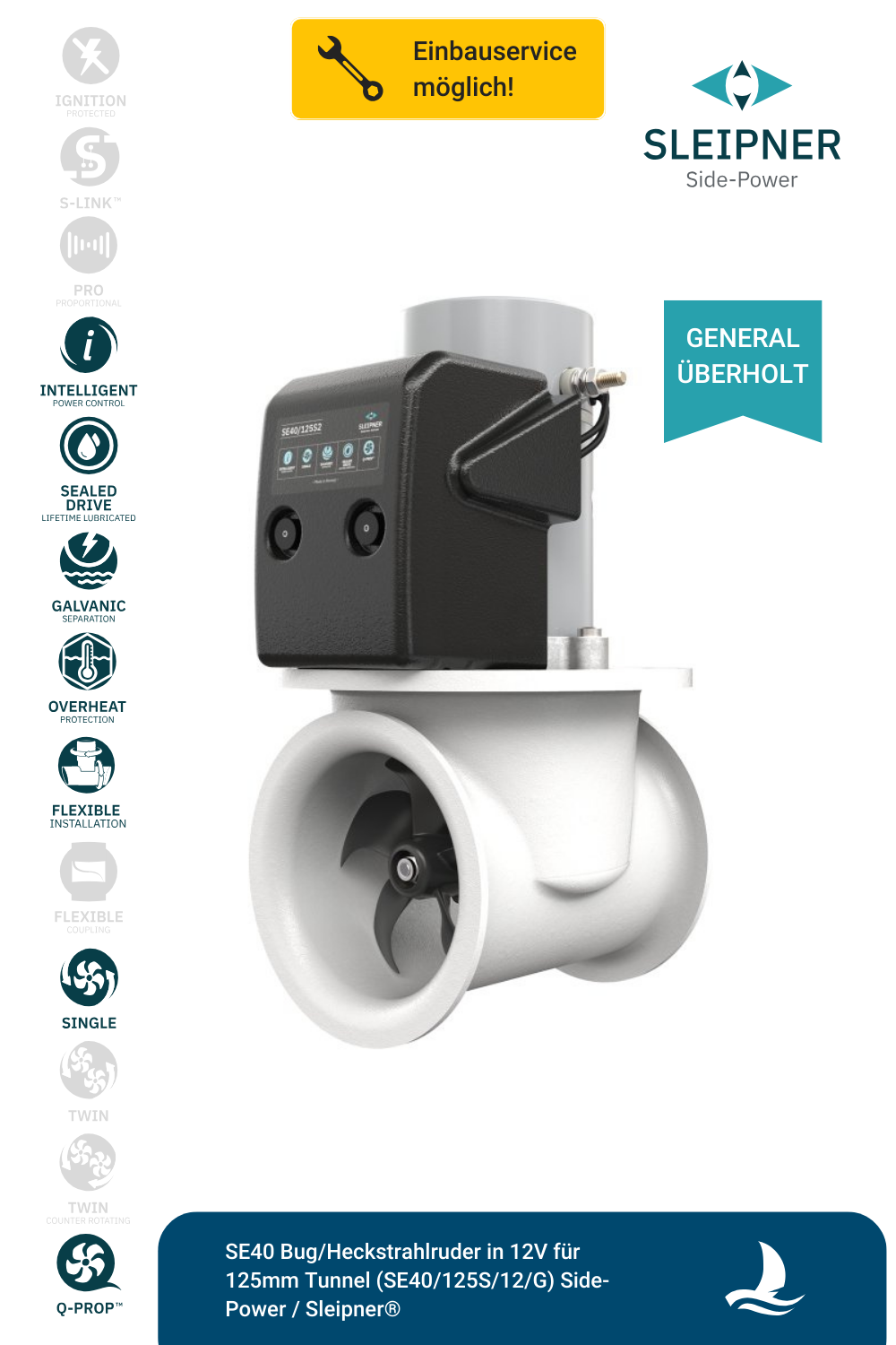 Sleipner® SE40 Bug/Heckstrahlruder 12V für Ø125mm Tunnel (SE40/125S2) *generalüberholt*