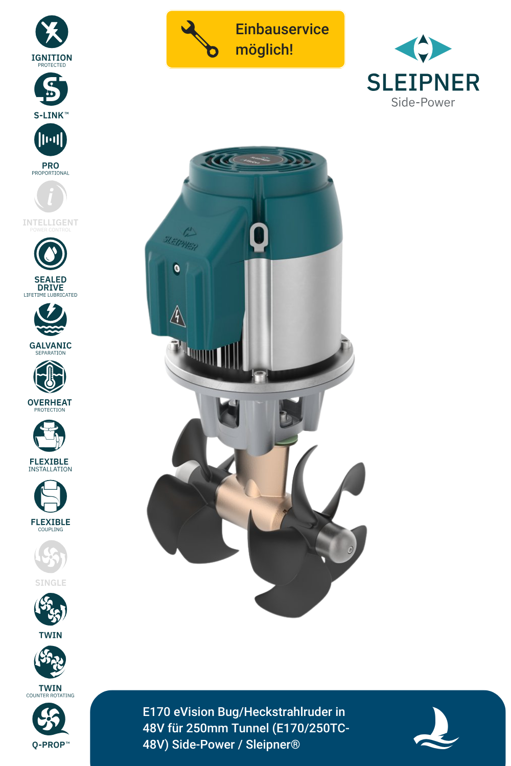 Sleipner® E170 eVision Bug/Heckstrahlruder in 48V für 250mm Tunnel (E170/250TC-48V)