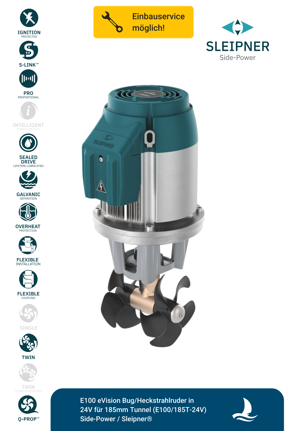 E100 eVision Bug/Heckstrahlruder in 24V für 185mm Tunnel (E100/185T-24V) Side-Power / Sleipner®