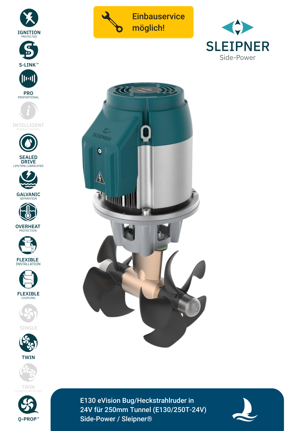 E130 eVision Bug/Heckstrahlruder in 24V für 250mm Tunnel (E130/250T-24V) Side-Power / Sleipner®