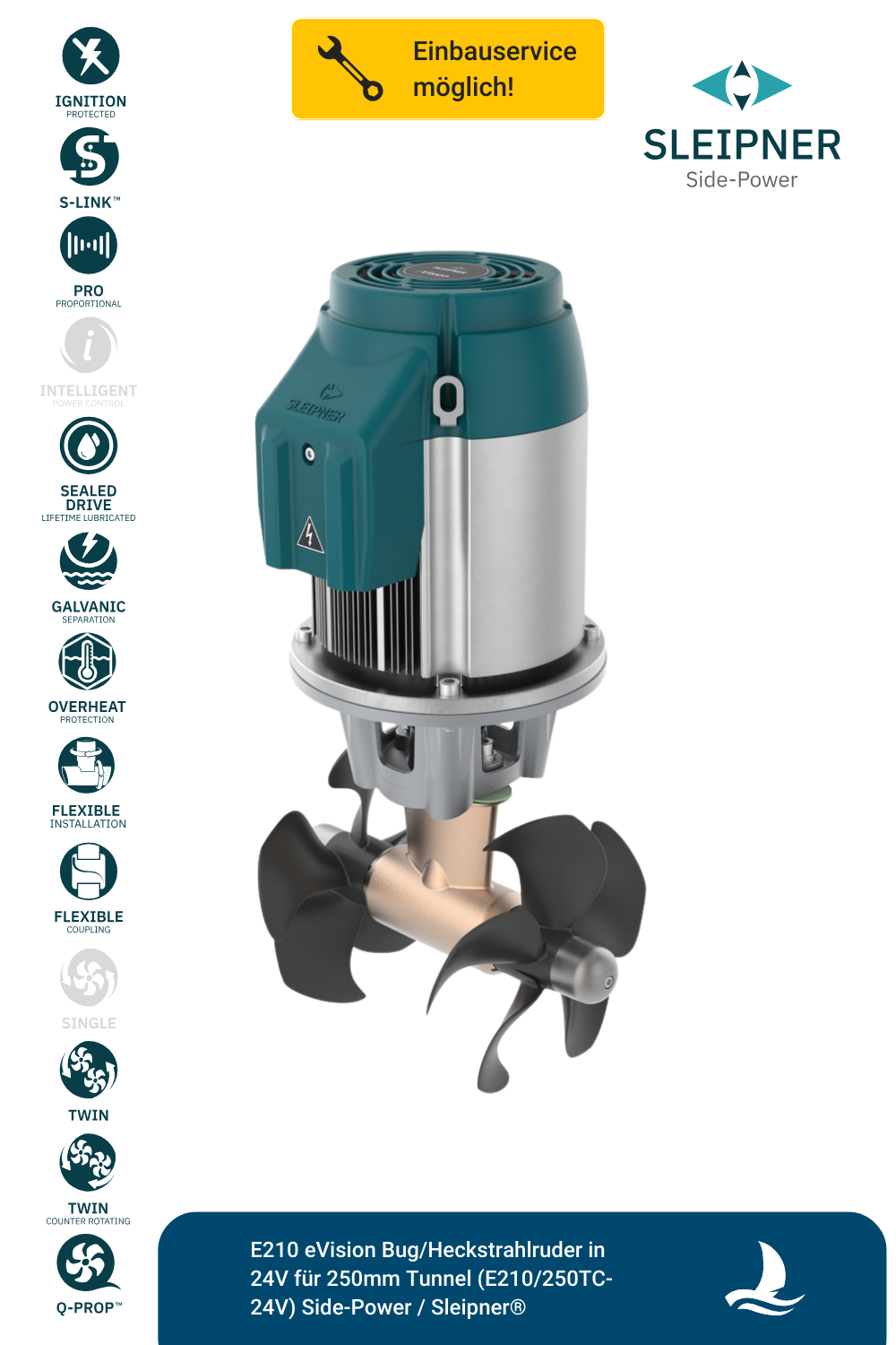 E210 eVision Bug/Heckstrahlruder in 24V für 250mm Tunnel (E210/250TC-24V) Side-Power / Sleipner®