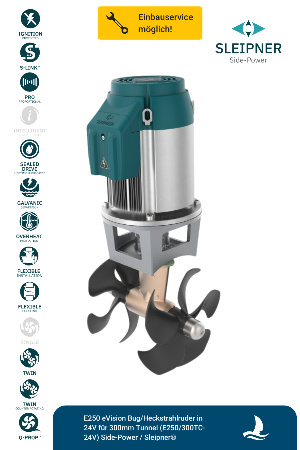 E250 eVision Bug/Heckstrahlruder in 24V für 300mm Tunnel (E250/300TC-24V) Side-Power / Sleipner®