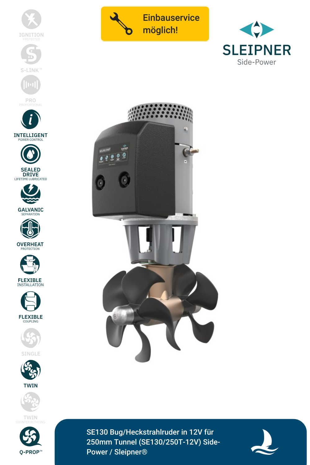 SE130 Bug/Heckstrahlruder in 12V für 250mm Tunnel (SE130/250T-12V) Side-Power / Sleipner®