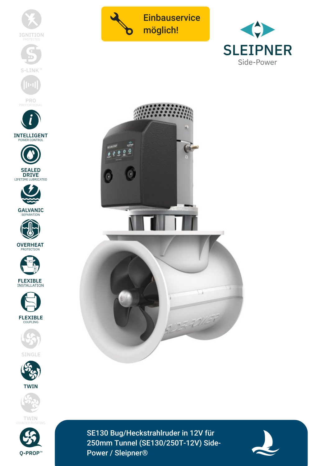 SE130 Bug/Heckstrahlruder in 12V für 250mm Tunnel (SE130/250T-12V) Side-Power / Sleipner®