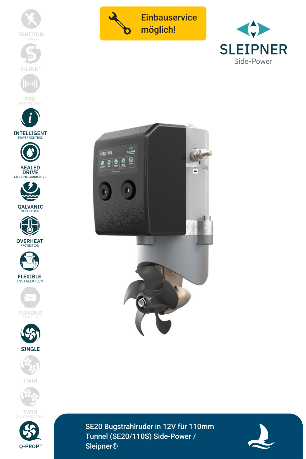 SE20 Bugstrahlruder in 12V für 110mm Tunnel (SE20/110S) Side-Power / Sleipner®