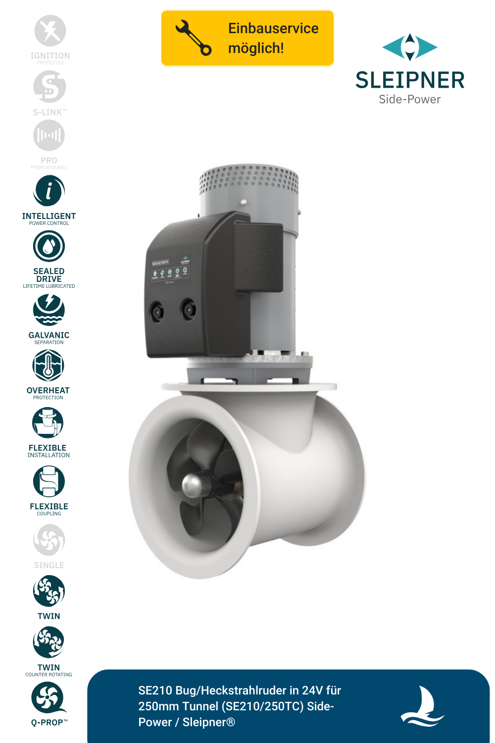 SE210 Bug/Heckstrahlruder in 24V für 250mm Tunnel (SE210/250TC) Side-Power / Sleipner®