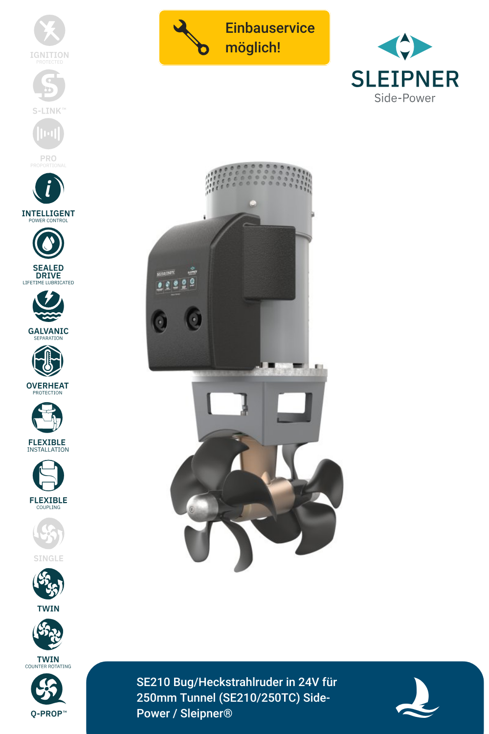 SE210 Bug/Heckstrahlruder in 24V für 250mm Tunnel (SE210/250TC) Side-Power / Sleipner®