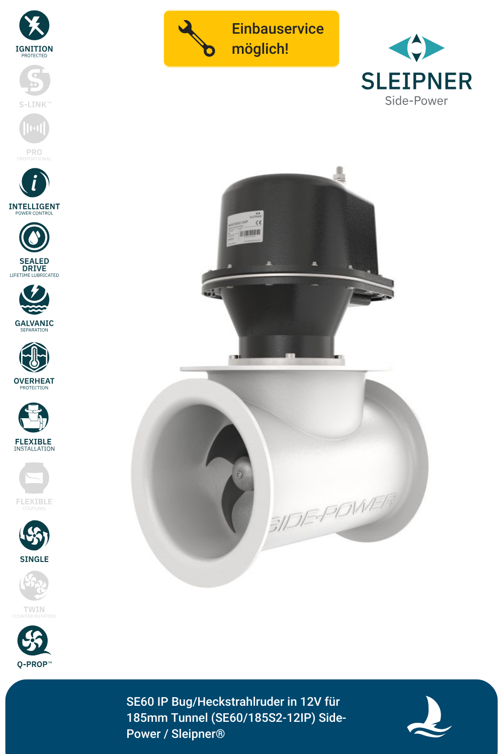 SE60 IP Bug/Heckstrahlruder in 12V für 185mm Tunnel (SE60/185S2-12IP ...
