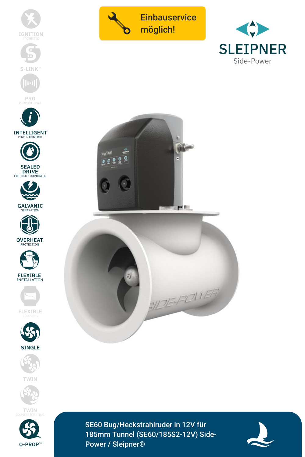 SE60 Bug/Heckstrahlruder in 12V für 185mm Tunnel (SE60/185S2-12V) Side-Power / Sleipner®