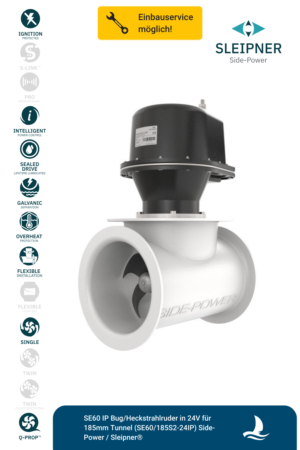 SE60 IP Bug/Heckstrahlruder in 24V für 185mm Tunnel (SE60/185S2-24IP) Side-Power / Sleipner®