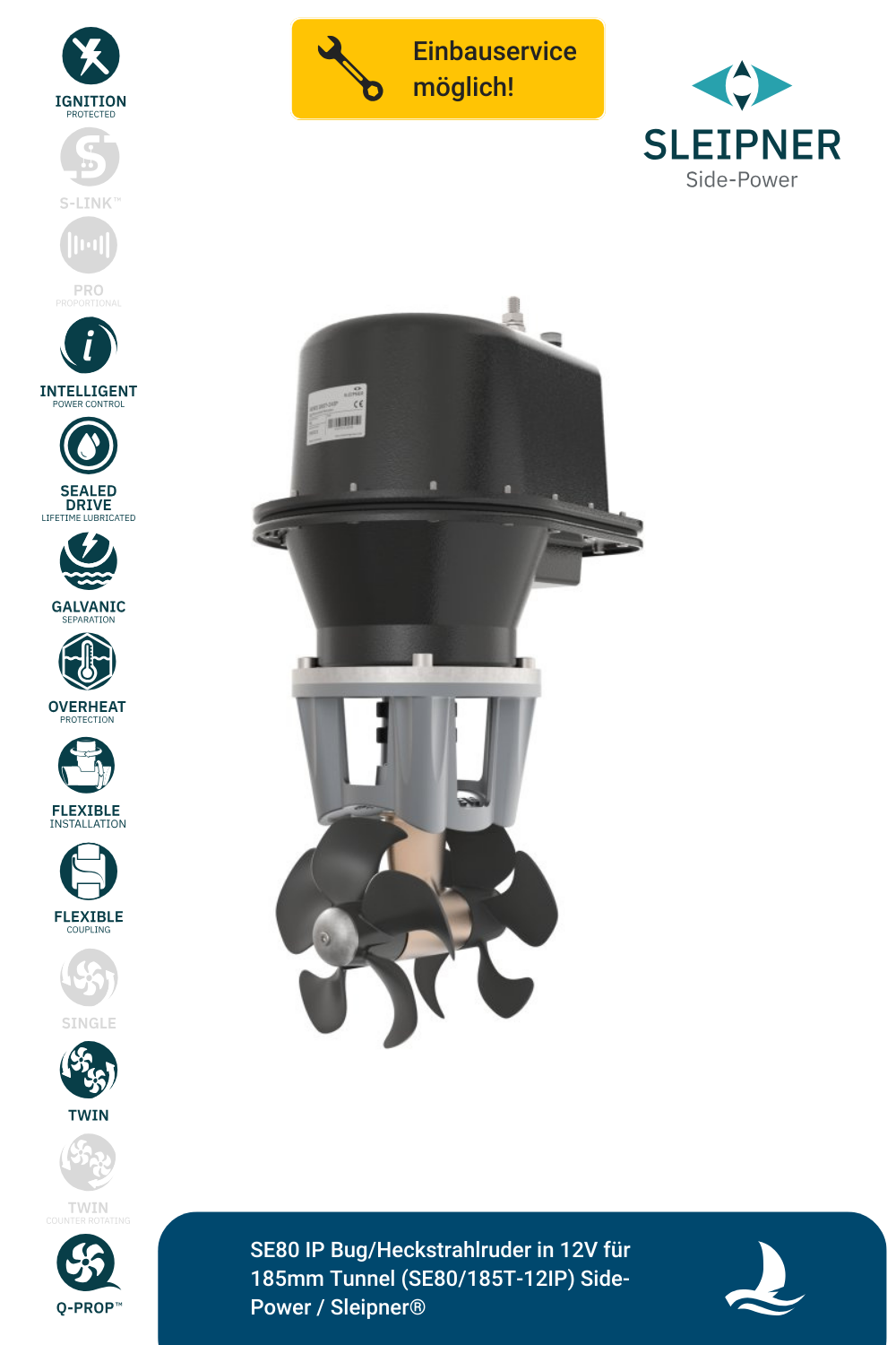 SE80 IP Bug/Heckstrahlruder in 12V für 185mm Tunnel (SE80/185T-12IP) Side-Power / Sleipner®