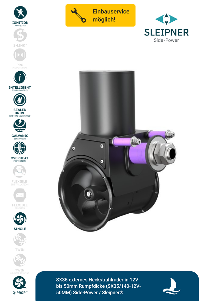 SX35 externes Heckstrahlruder in 12V bis 50mm Rumpfdicke (SX35/140-12V-50MM) Side-Power / Sleipner®