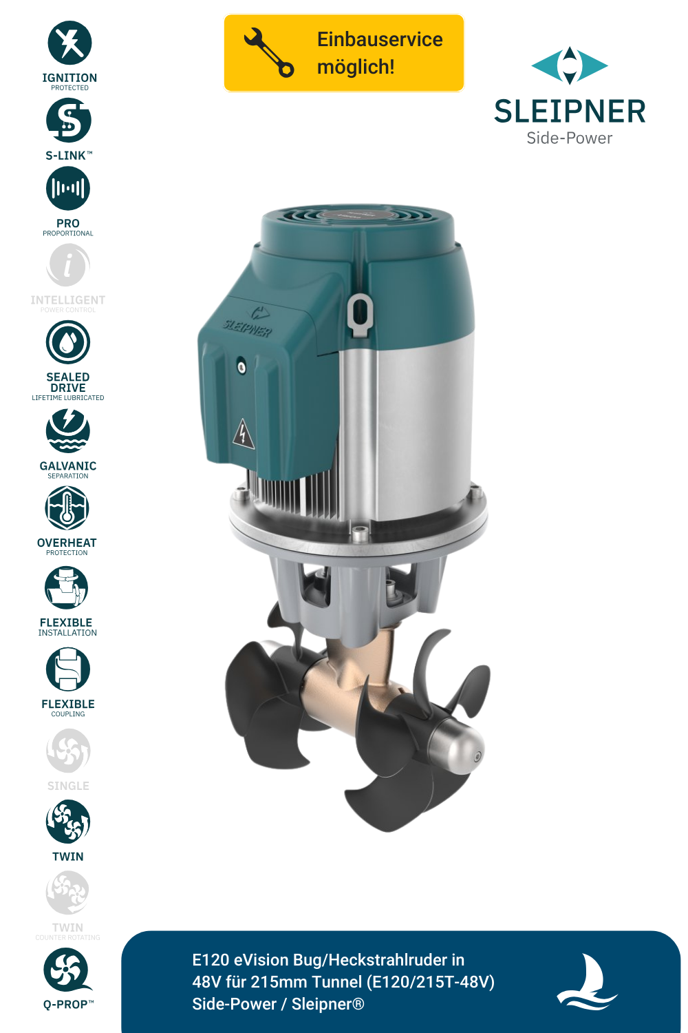 Sleipner® E120 eVision Bug/Heckstrahlruder in 48V für Ø215mm Tunnel (E120/215T-48V)