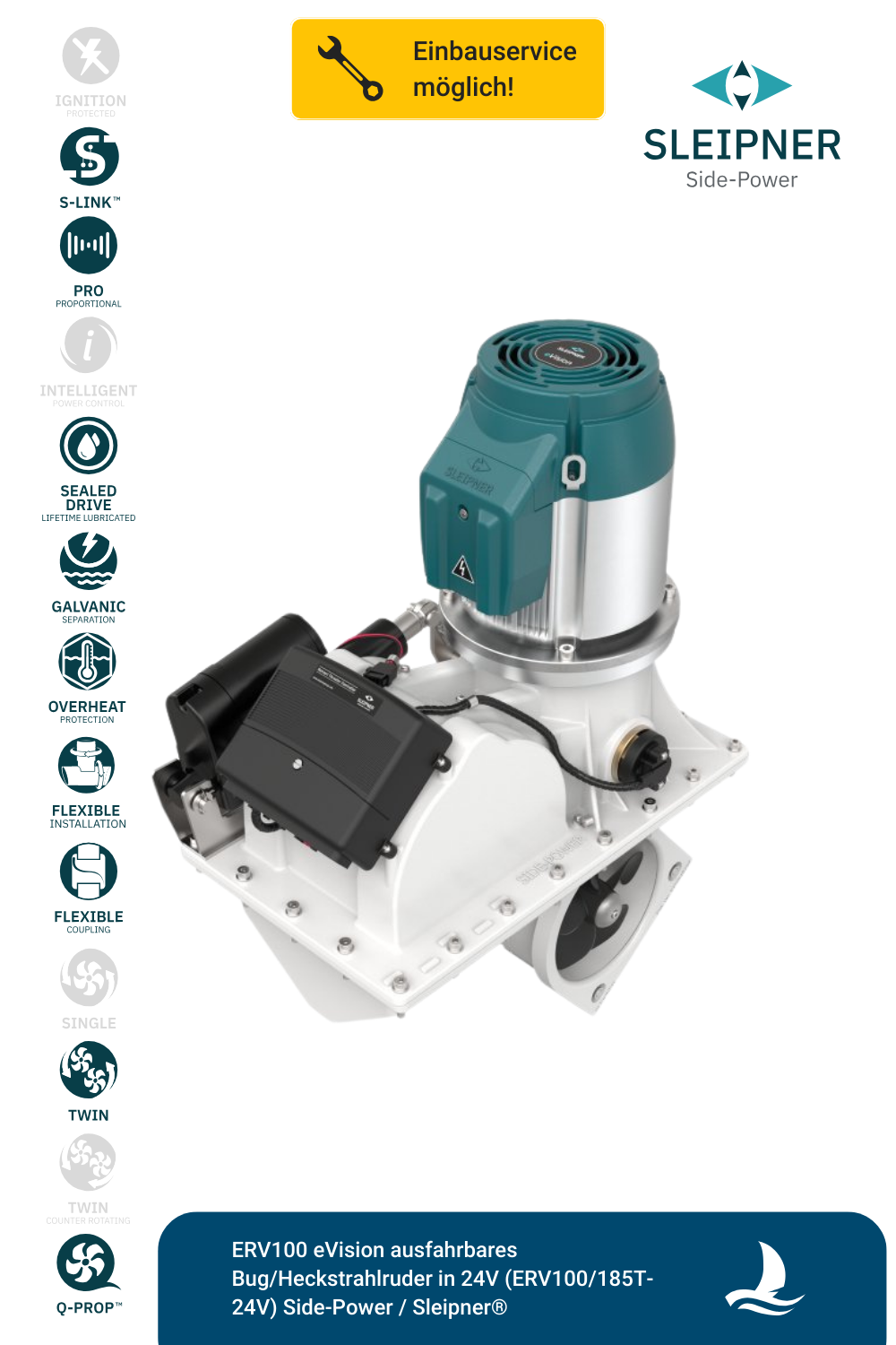 Sleipner® ERV100 eVision ausfahrbares Bug/Heckstrahlruder in 24V (ERV100/185T-24V)