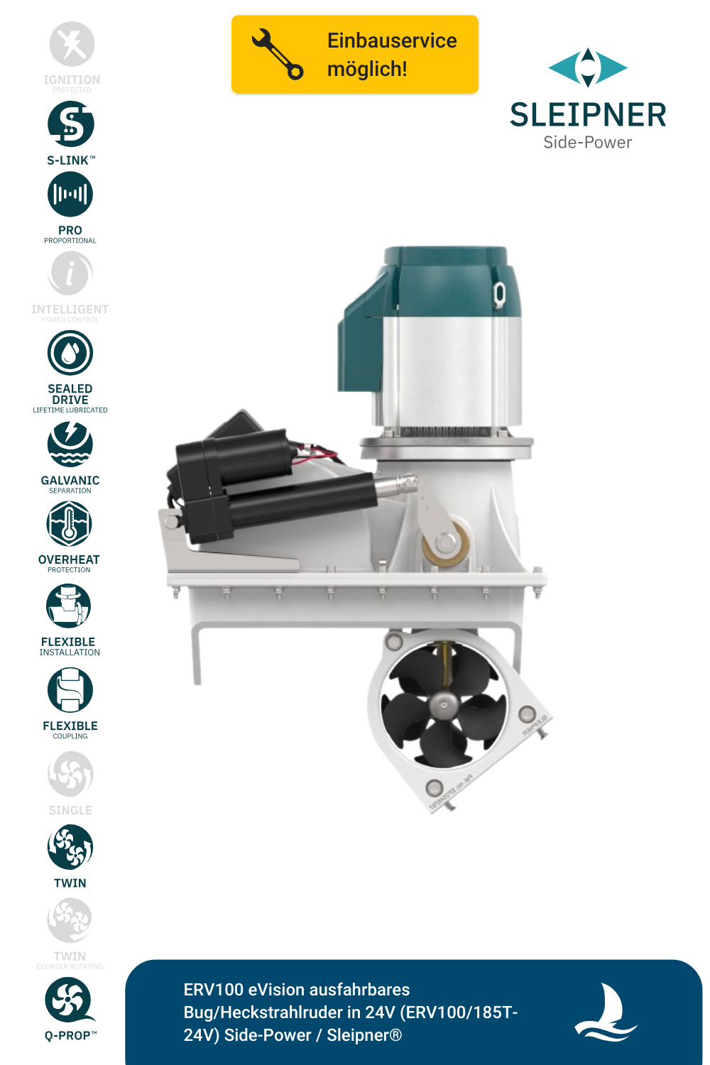 Sleipner® ERV100 eVision ausfahrbares Bug/Heckstrahlruder in 24V (ERV100/185T-24V)