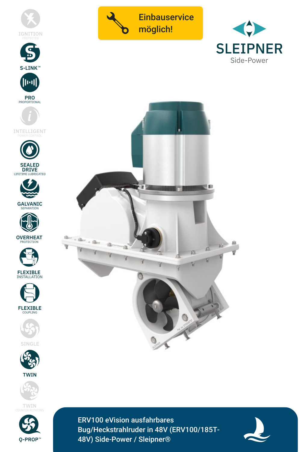 Sleipner® ERV100 eVision ausfahrbares Bug/Heckstrahlruder in 48V für (ERV100/185T-48V)