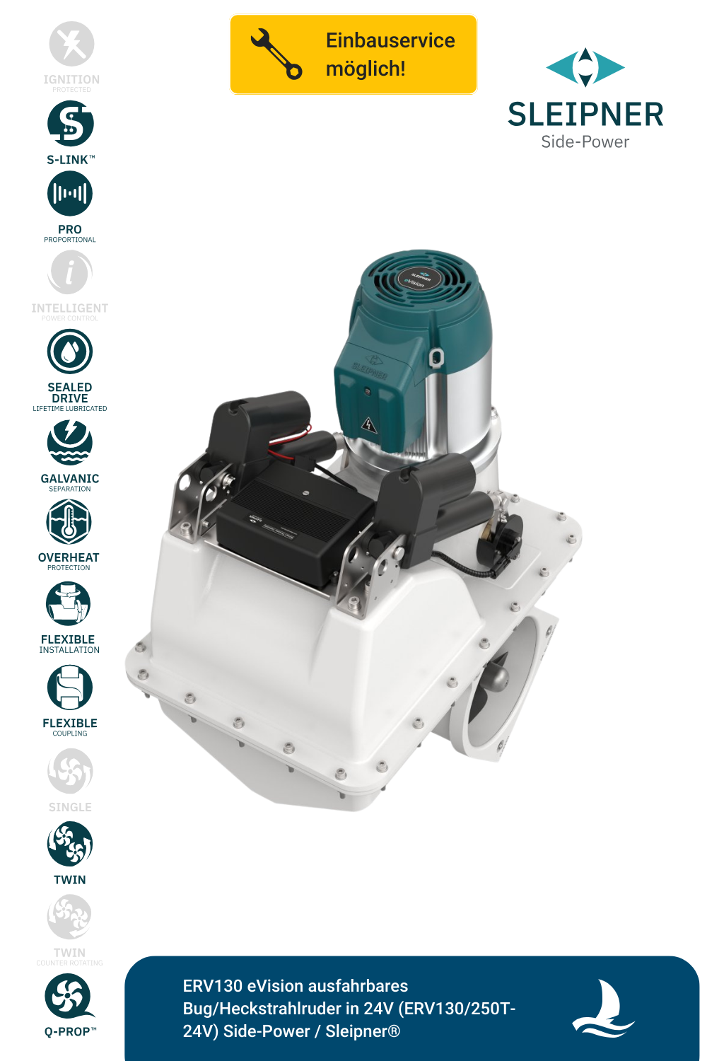 Sleipner® ERV130 eVision ausfahrbares Bug/Heckstrahlruder in 24V (ERV130/250T-24V)