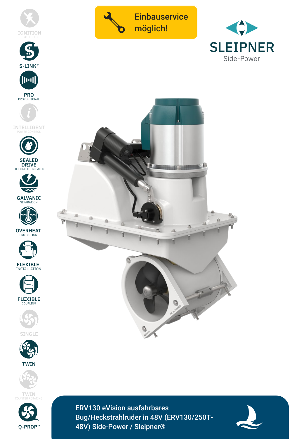 Sleipner® ERV130 eVision ausfahrbares Bug/Heckstrahlruder in 48V (ERV130/250T-48V)