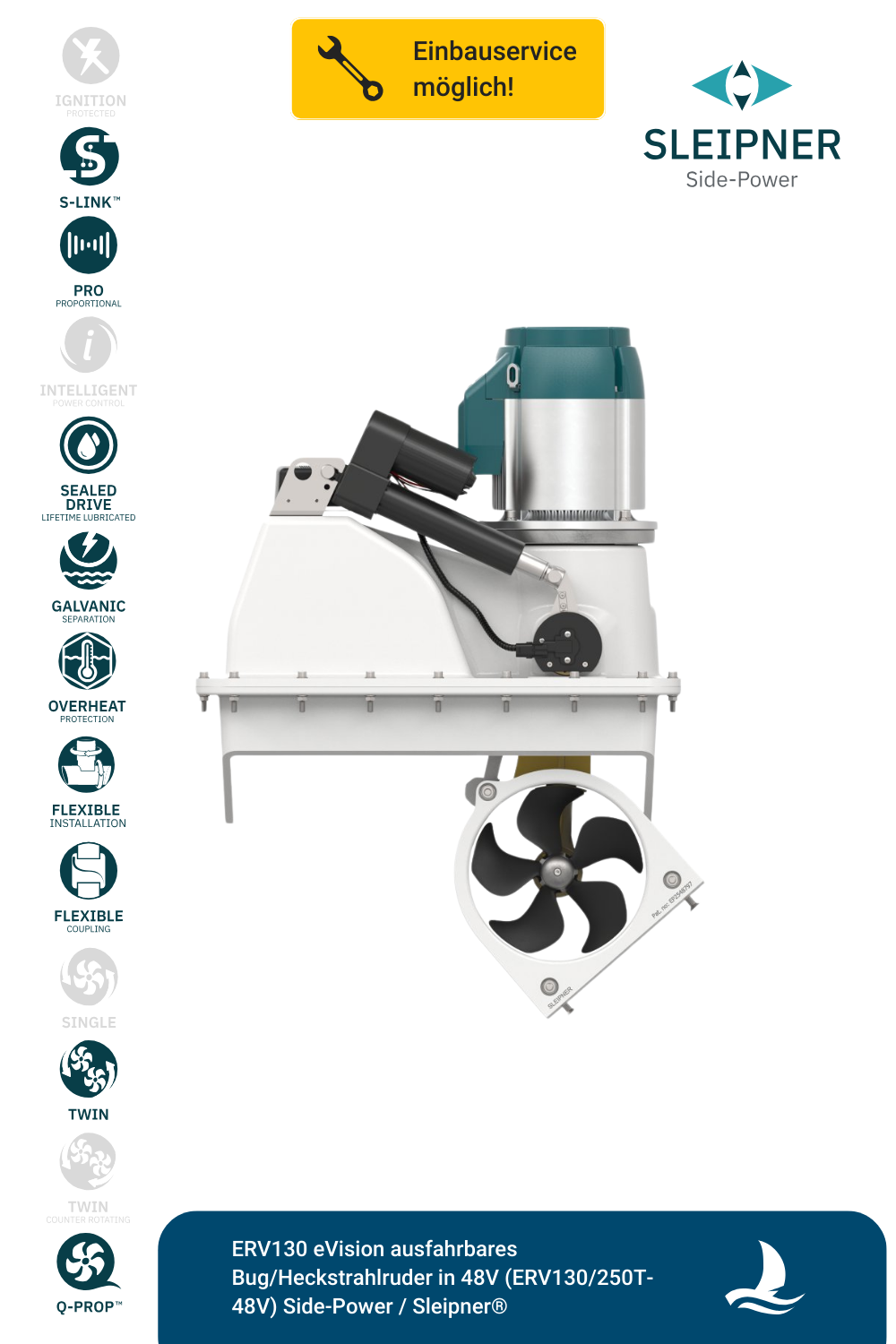 Sleipner® ERV130 eVision ausfahrbares Bug/Heckstrahlruder in 48V (ERV130/250T-48V)