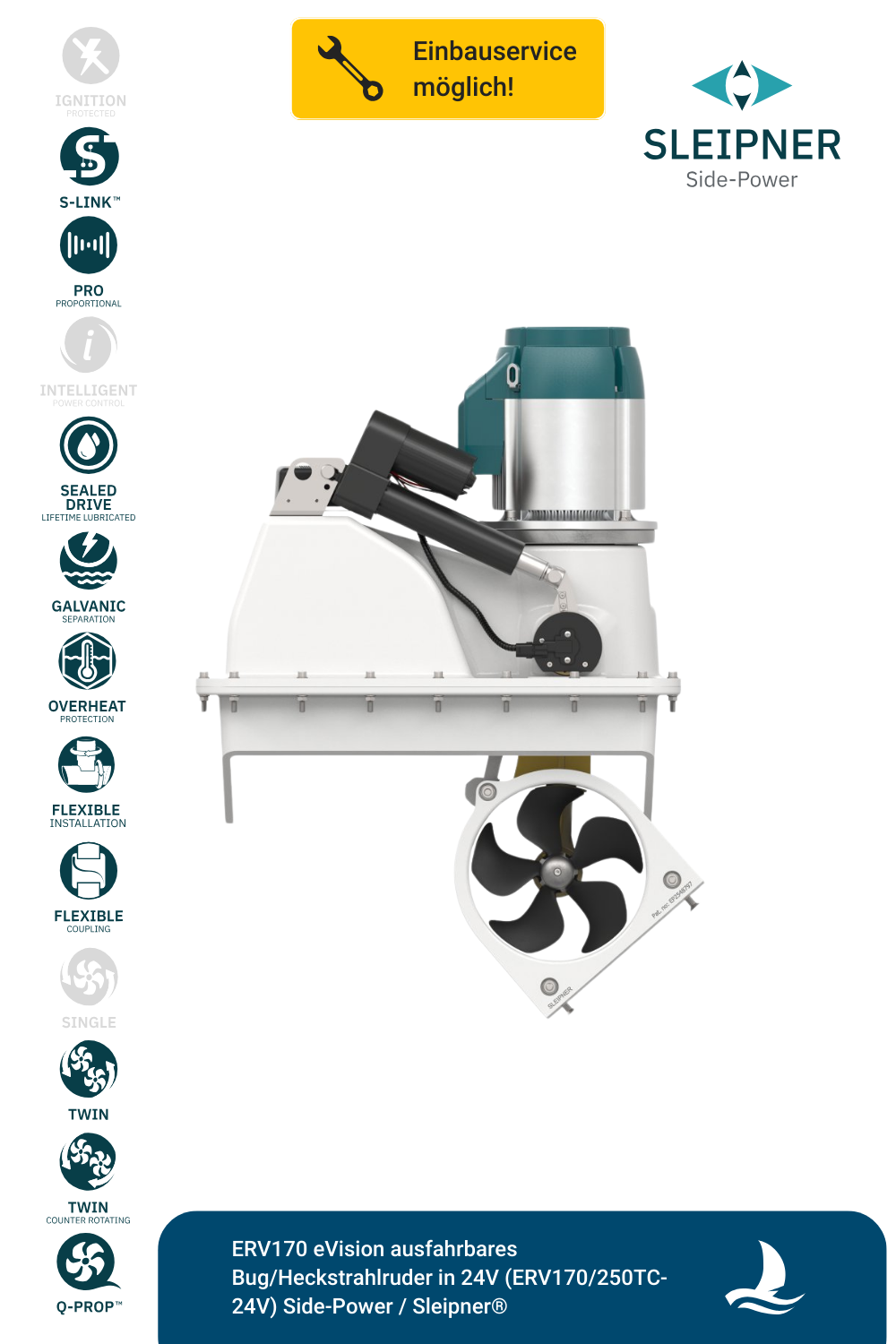 Sleipner® ERV170 eVision ausfahrbares Bug/Heckstrahlruder in 24V (ERV170/250TC-24V)