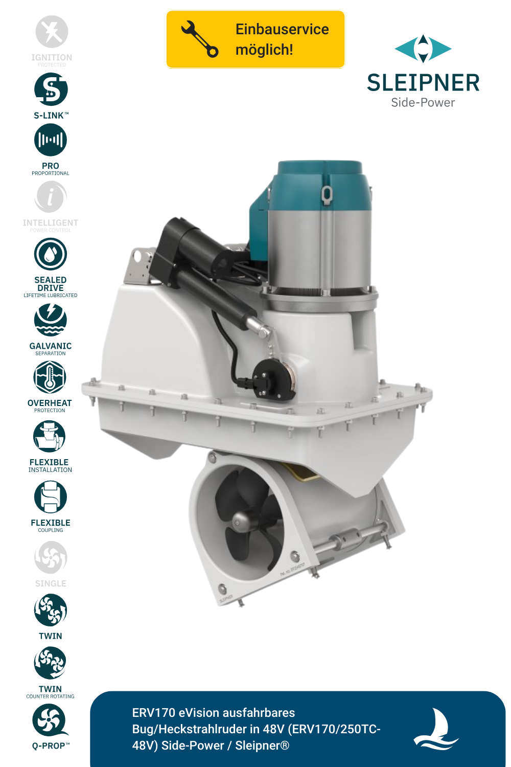 Sleipner® ERV170 eVision ausfahrbares Bug/Heckstrahlruder in 48V (ERV170/250TC-48V)