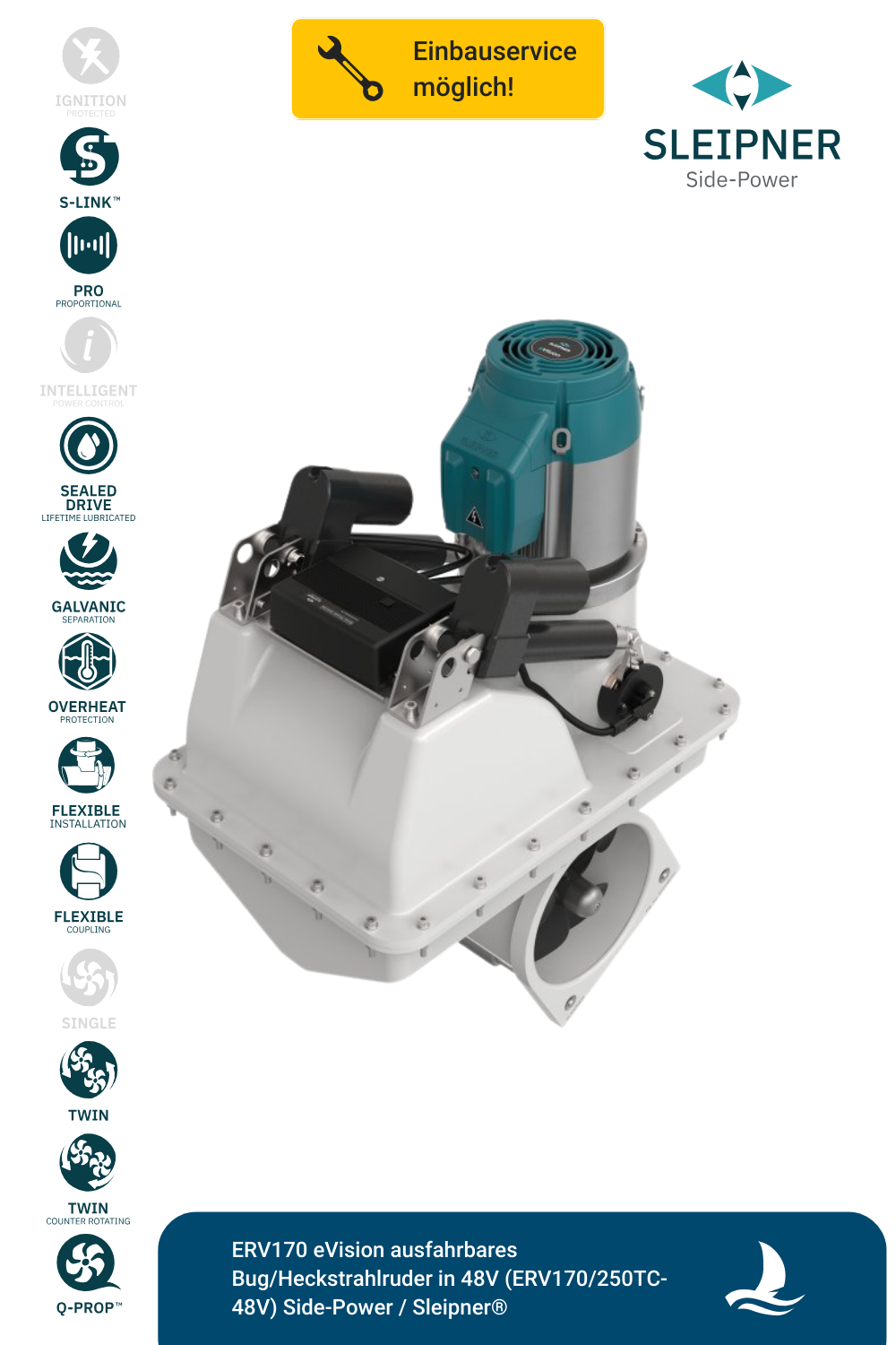 Sleipner® ERV170 eVision ausfahrbares Bug/Heckstrahlruder in 48V (ERV170/250TC-48V)