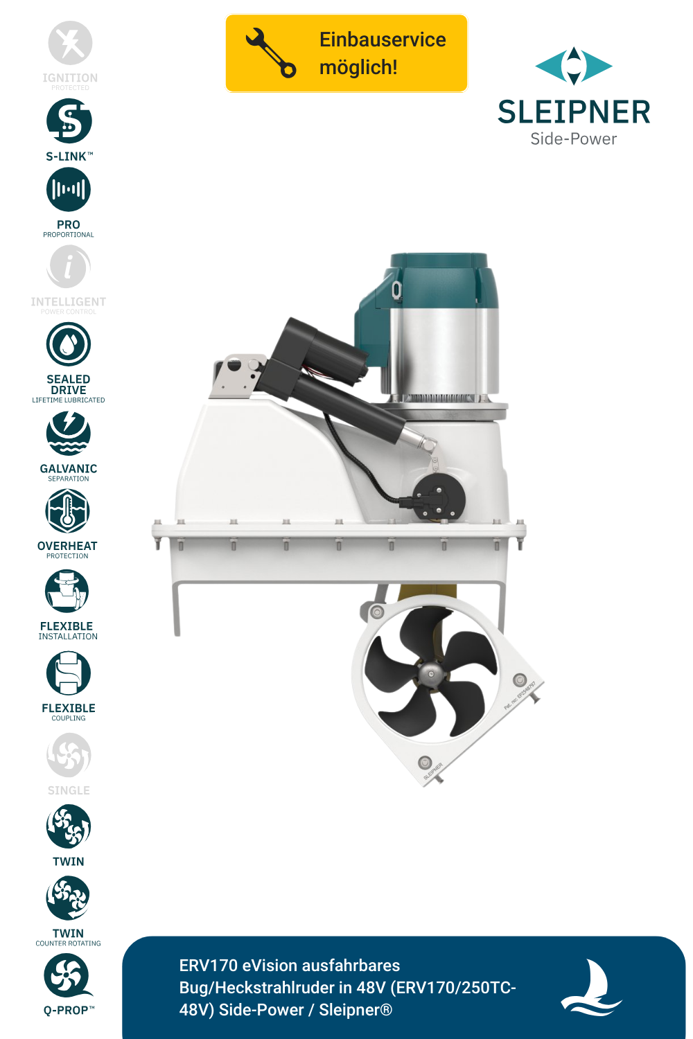 Sleipner® ERV170 eVision ausfahrbares Bug/Heckstrahlruder in 48V (ERV170/250TC-48V)