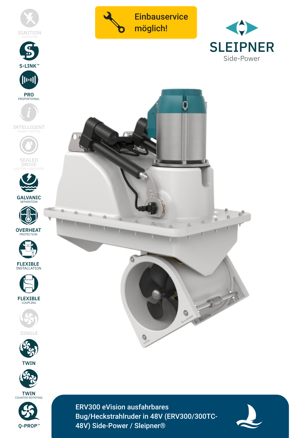 Sleipner® ERV300 eVision ausfahrbares Bug/Heckstrahlruder in 48V (ERV300/300TC-48V)