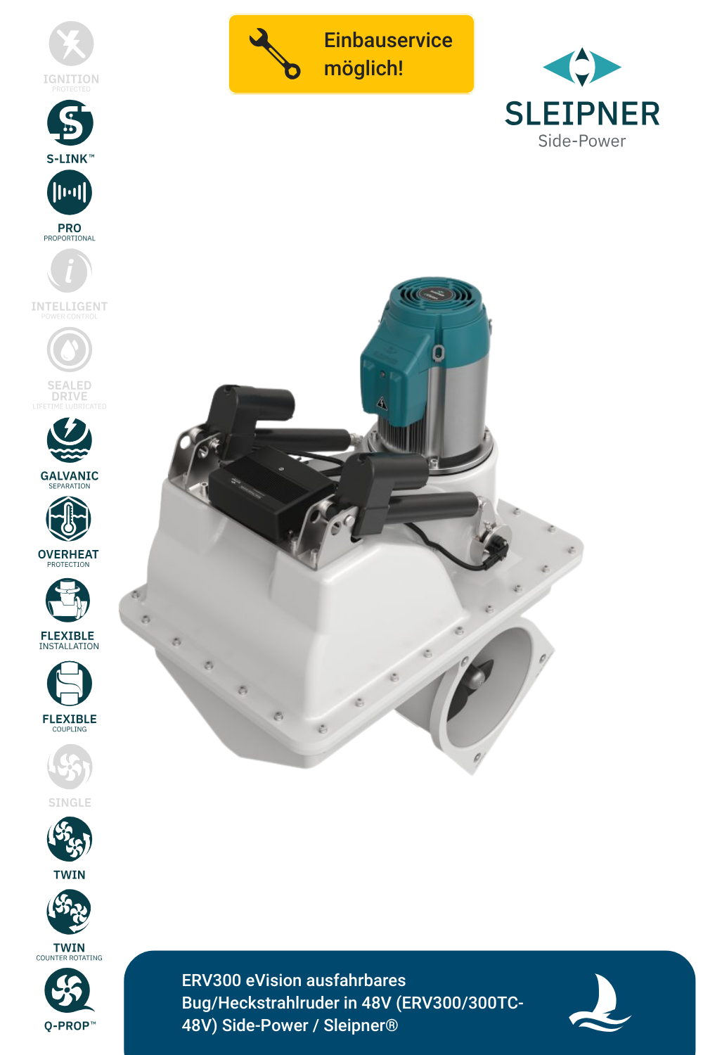 Sleipner® ERV300 eVision ausfahrbares Bug/Heckstrahlruder in 48V (ERV300/300TC-48V)