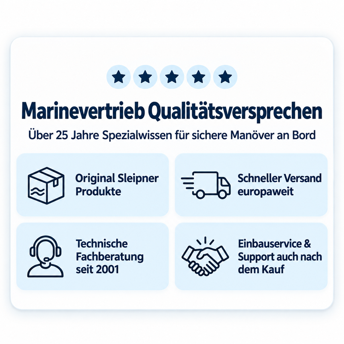 Marinevertrieb Qualitätsversprechen: Original Sleipner Produkte, schneller Versand europaweit, technische Fachberatung seit 2001 und Einbauservice auch nach dem Kauf