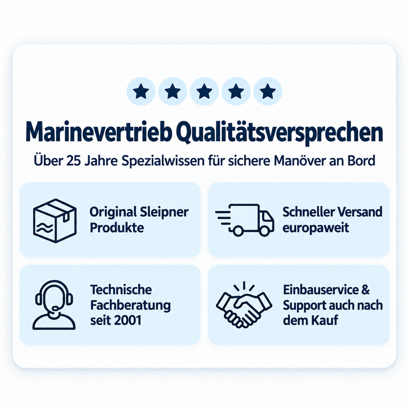 Marinevertrieb Qualitätsversprechen: Original Sleipner Produkte, schneller Versand europaweit, technische Fachberatung seit 2001 und Einbauservice auch nach dem Kauf